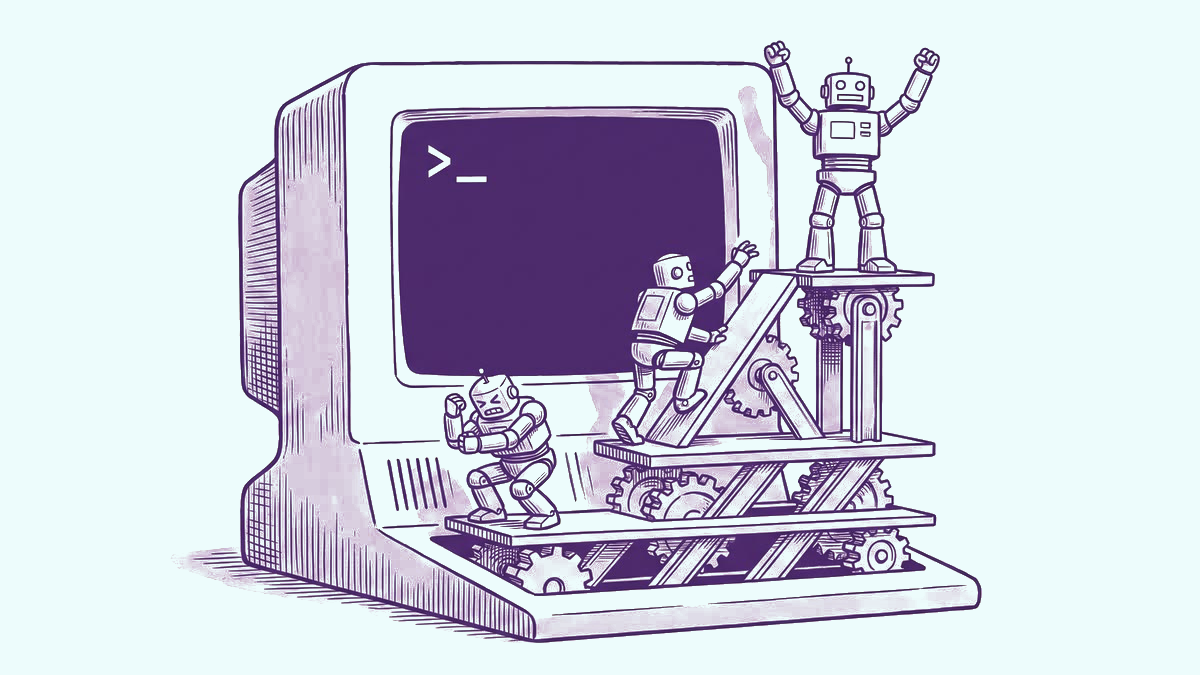 Three robots reach different heights on a mechanical course built into an old terminal.